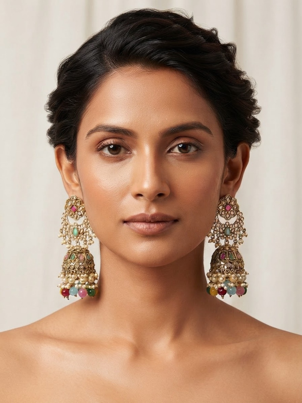 Gold Multicolor Bead Jhumka Earrings - Elegant Statement Earrings
